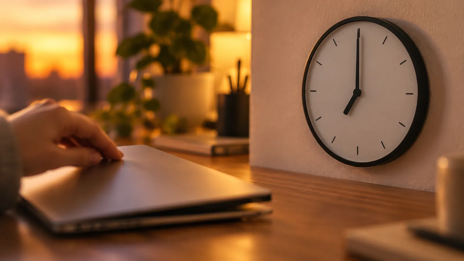 Close-up of an office wall clock reading seven, with a laptop lid being closed in the foreground