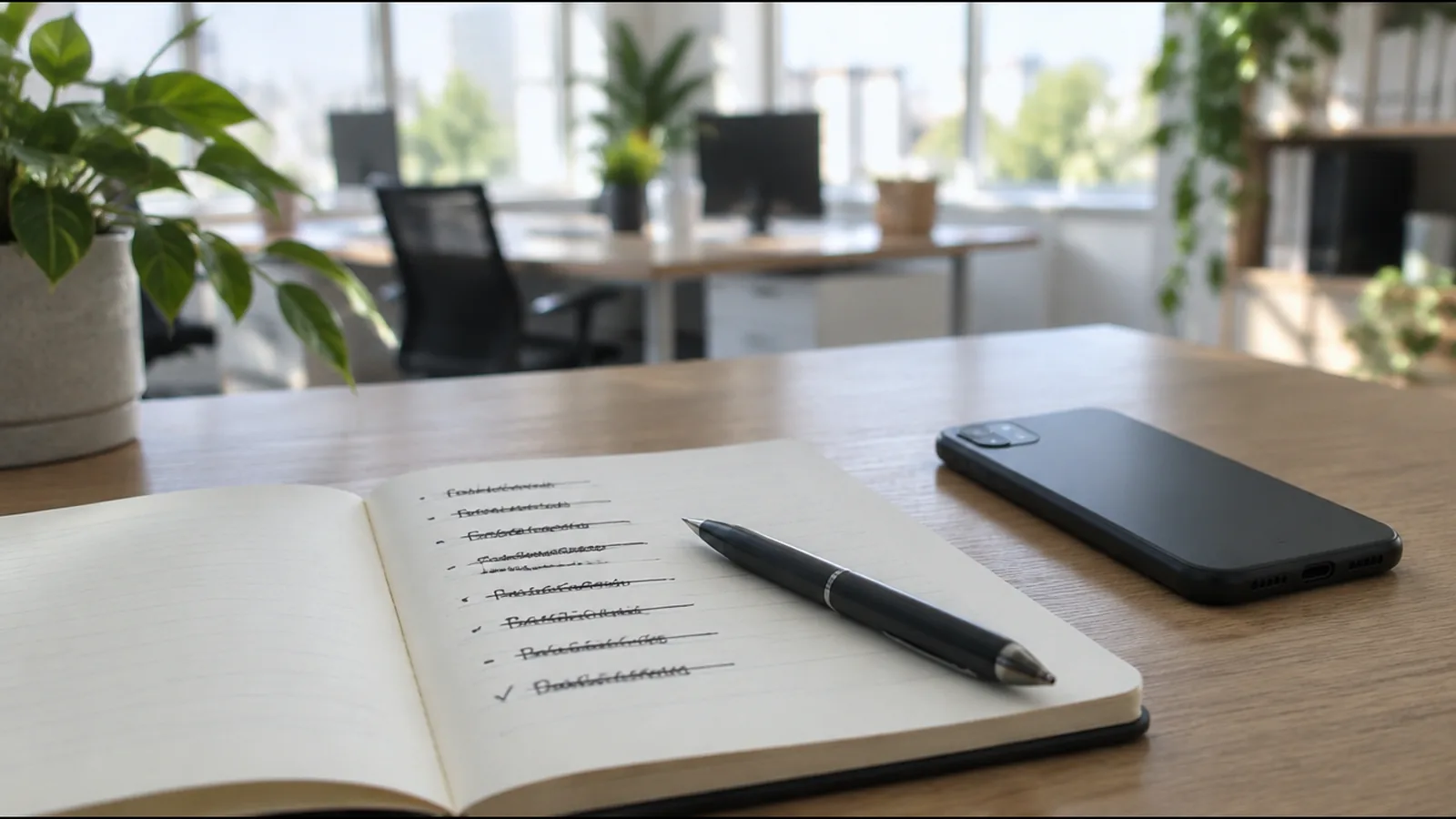 An open notebook with several crossed-out lines and one ticked, a phone face down beside it