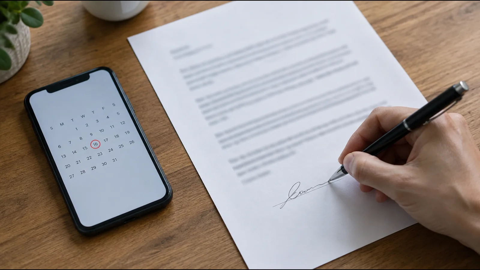 A hand signing a one-page letter, a phone calendar with one date circled beside it