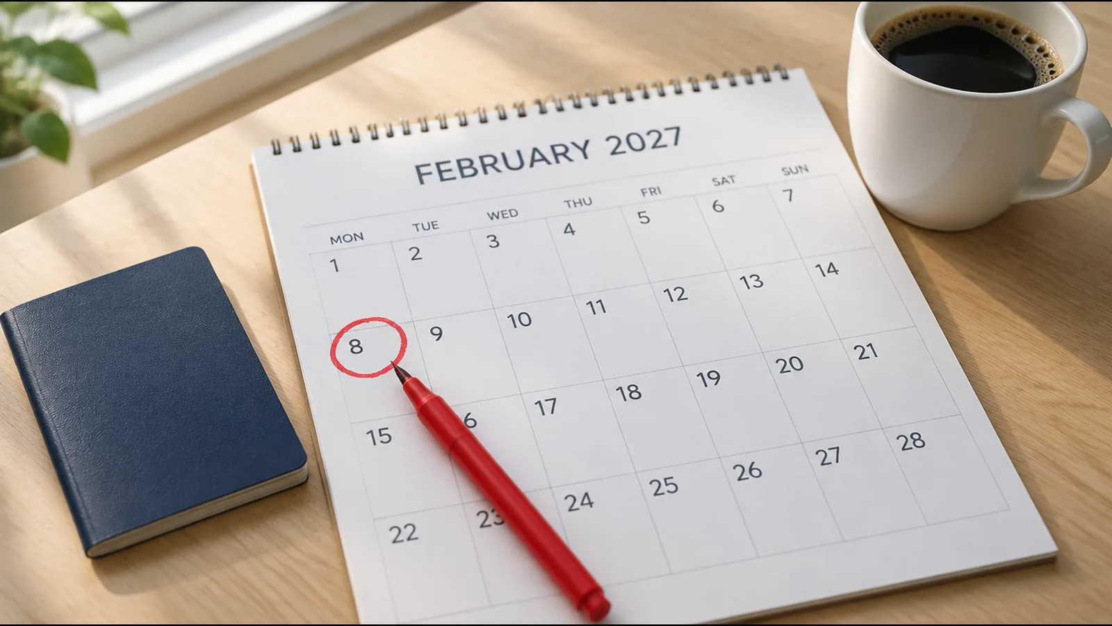 A February 2027 wall calendar on a desk with a Monday circled in red pen