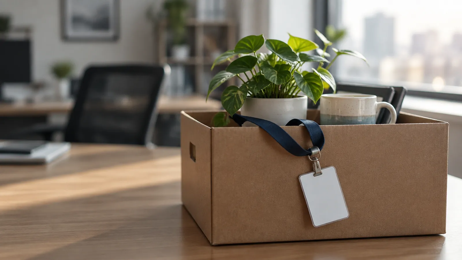 A cardboard box with a plant, a mug and a lanyard on a cleared office desk
