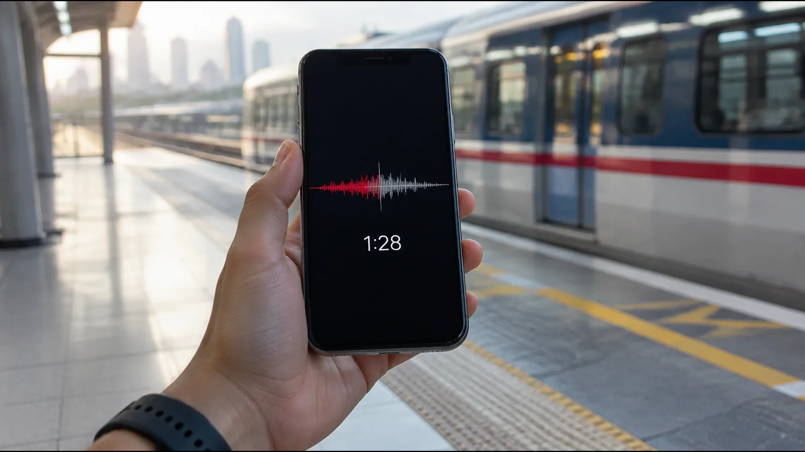 A hand holding a phone recording a voice memo, the timer at one minute twenty-eight