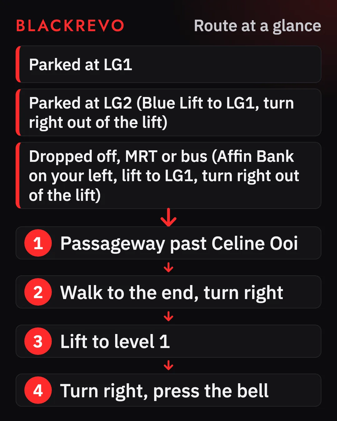 Park at LG1, or take the lift to LG1 (from LG2, MRT, bus or Grab) and turn right as you come out. Passageway past Celine Ooi, turn right at the end, lift to level 1, turn right, press the bell.
