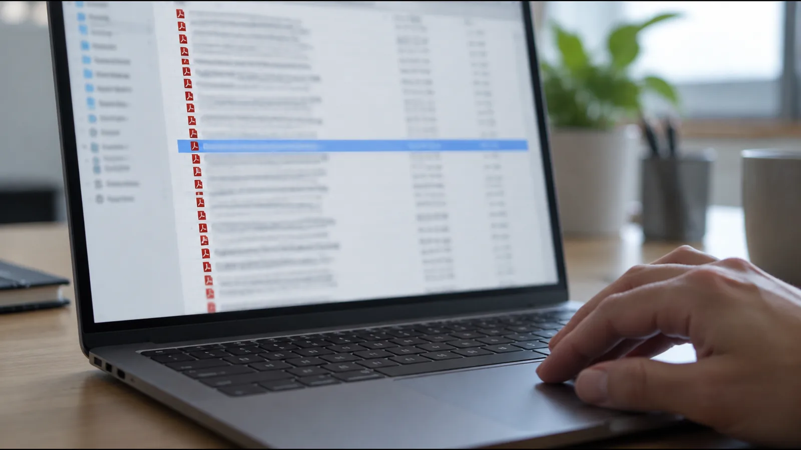 A laptop file dialog with a list of similar PDF files, one highlighted